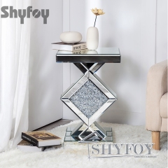 SHYFOY Mirrored Crushed Diamond Side Table | Glass Mirror End Tables with Crystal Inlay  / SF-ST013