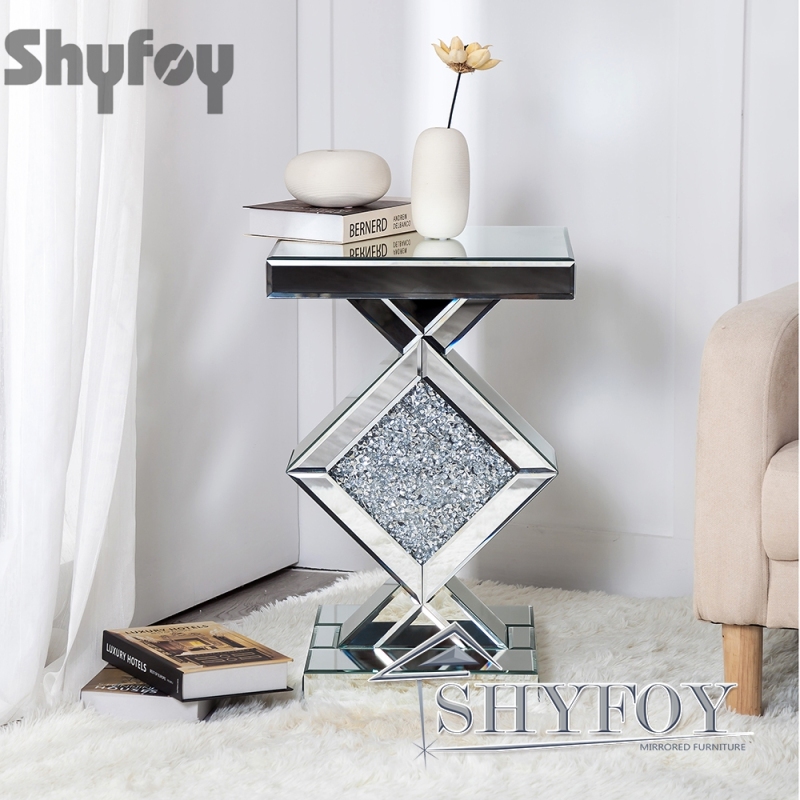 SHYFOY Mirrored Crushed Diamond Side Table | Glass Mirror End Tables with Crystal Inlay  / SF-ST013