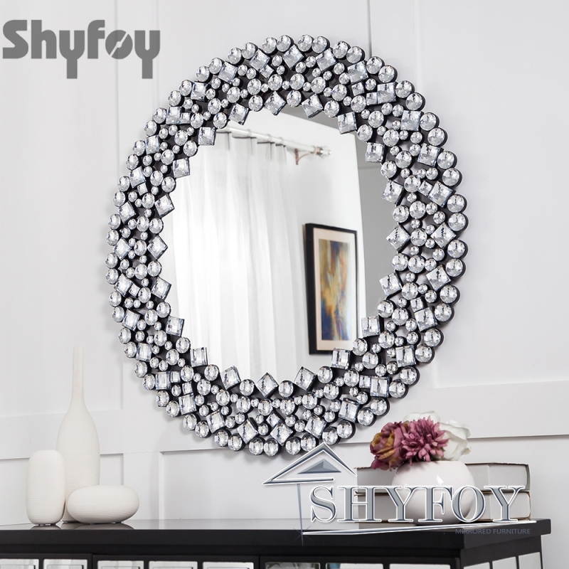 SHYFOY Round Gemstone Wall Mirror|Modern Silver Glass Decorative Mirror|36''  round hanging mirror for hallway/bedroom decoration / SF-WM001