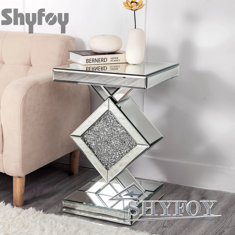 Mirrored Crushed Diamond Side Table Glass Mirror End Tables with