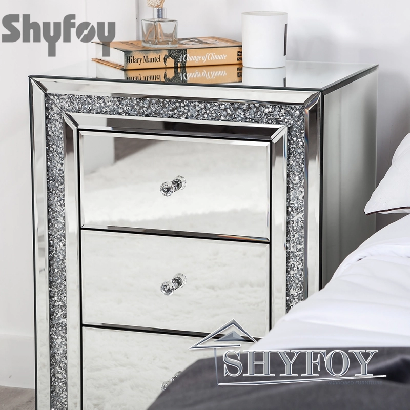 SHYFOY Crushed Diamond Mirrored Nightstand with 3 Drawers / SF-BT011