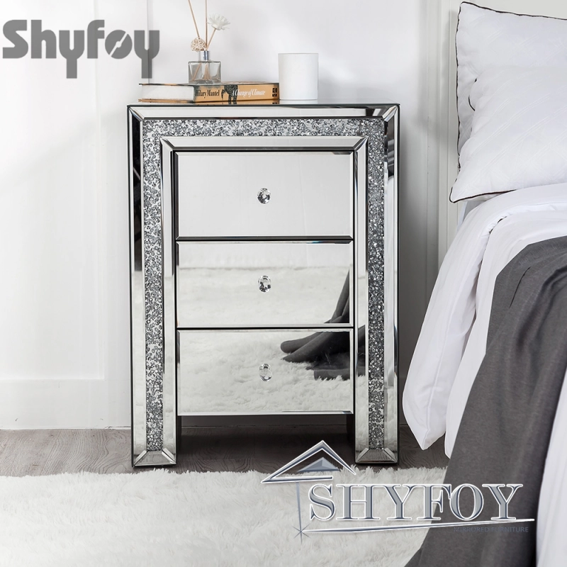 SHYFOY Crushed Diamond Mirrored Nightstand with 3 Drawers / SF-BT011