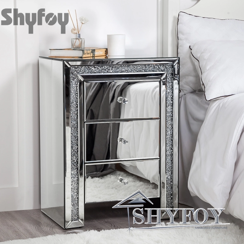 SHYFOY Crushed Diamond Mirrored Nightstand with 3 Drawers / SF-BT011