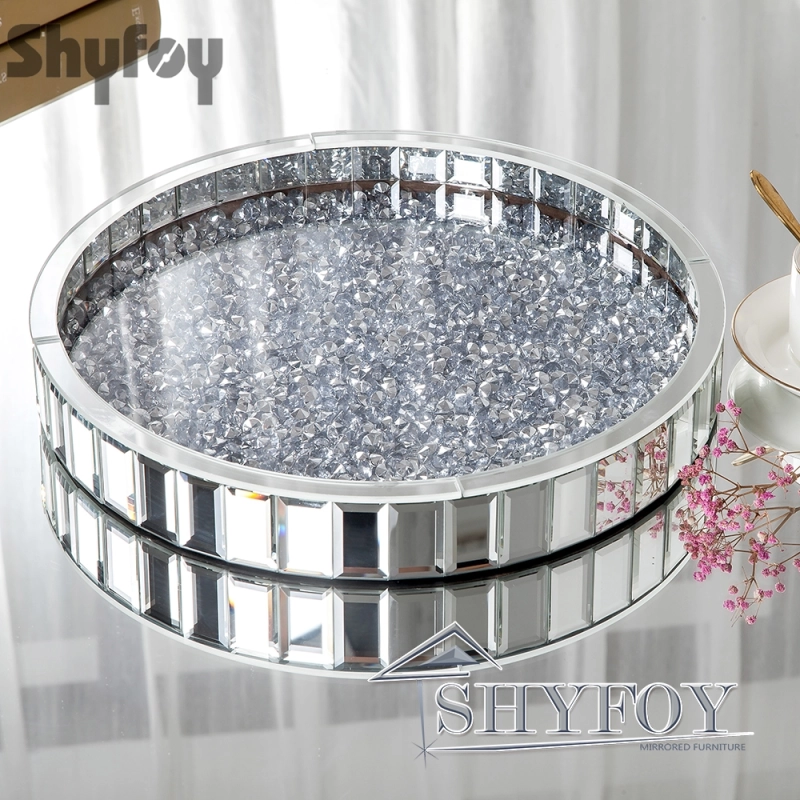 SHYFOY Luxury Round Glass Mirror Tray fills with Crushed Diamond| Bling Perfume Organizer for Dining room Table / SF-MP007