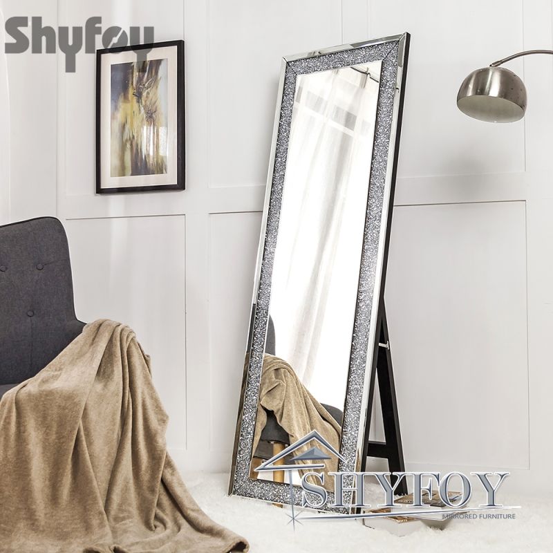 SHYFOY Sparkly Freestanding Long Mirror with Crushed Diamond, Rectangle Full Length Floor Mirror / SF-FM003