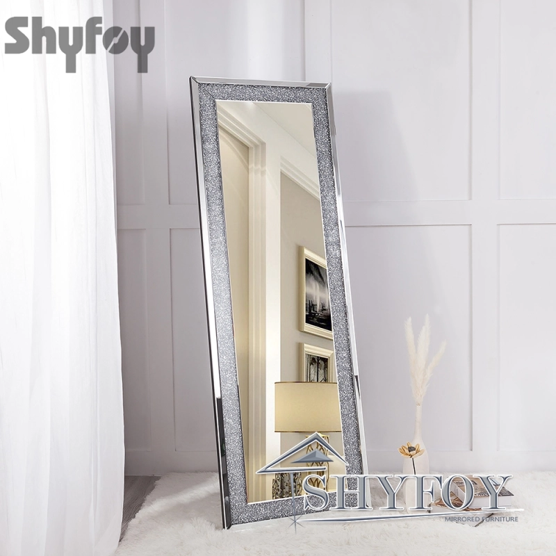 SHYFOY Sparkly Freestanding Long Mirror with Crushed Diamond, Rectangle Full Length Floor Mirror / SF-FM003