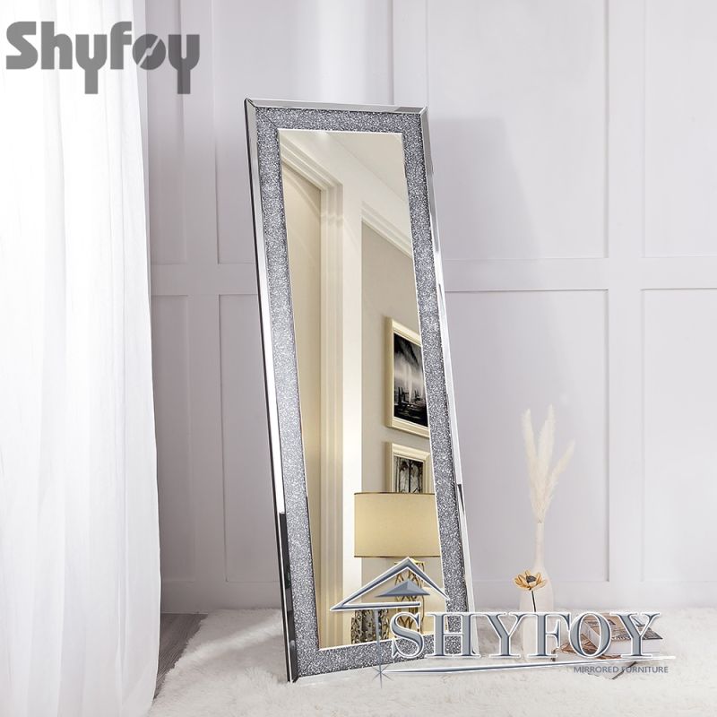 SHYFOY Sparkly Freestanding Long Mirror with Crushed Diamond, Rectangle Full Length Floor Mirror / SF-FM003