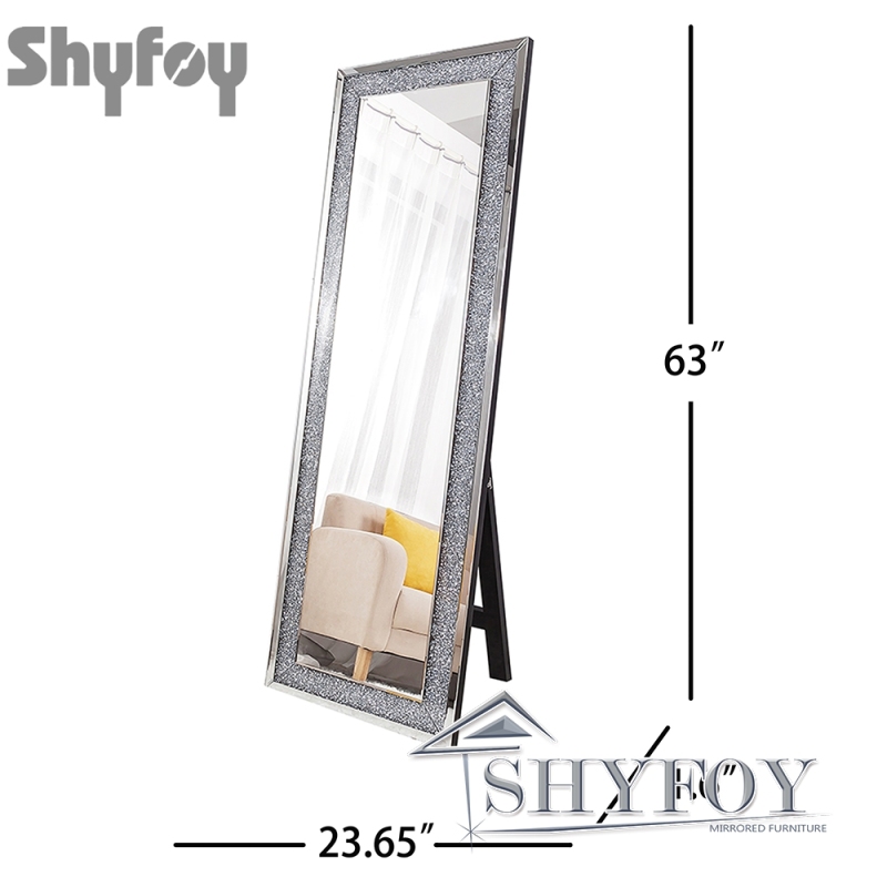 SHYFOY Sparkly Freestanding Long Mirror with Crushed Diamond, Rectangle Full Length Floor Mirror / SF-FM003