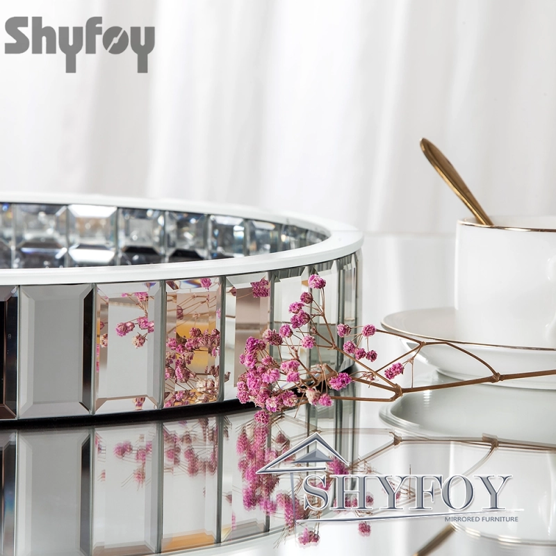 SHYFOY Luxury Round Glass Mirror Tray fills with Crushed Diamond| Bling Perfume Organizer for Dining room Table / SF-MP007