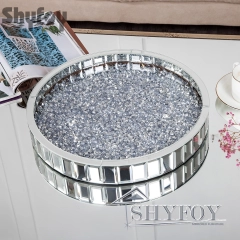 SHYFOY Luxury Round Glass Mirror Tray fills with Crushed Diamond| Bling Perfume Organizer for Dining room Table / SF-MP007