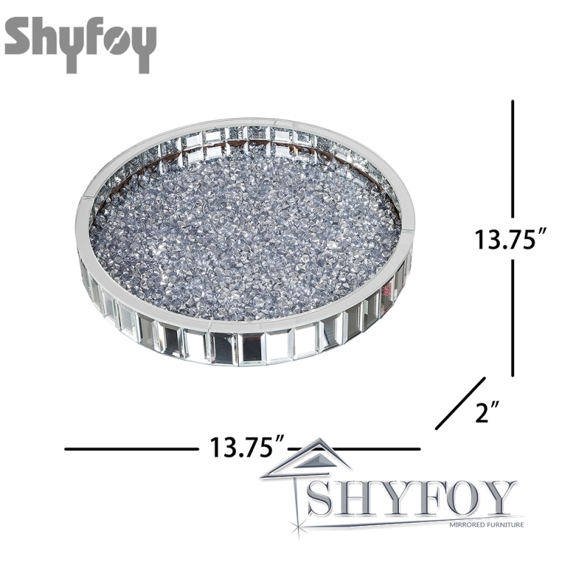 SHYFOY Luxury Round Glass Mirror Tray fills with Crushed Diamond| Bling Perfume Organizer for Dining room Table / SF-MP007