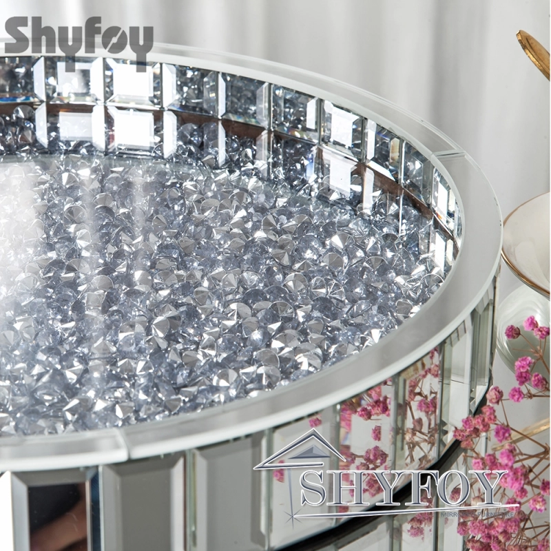 SHYFOY Luxury Round Glass Mirror Tray fills with Crushed Diamond| Bling Perfume Organizer for Dining room Table / SF-MP007