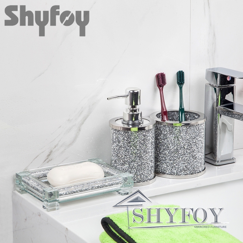 SHYFOY Silver Bathroom Set Accessory with Crushed Diamond, Modern Glass Bath Hardware Kit Sets, Sparkling Home Decoration / SF-MP024