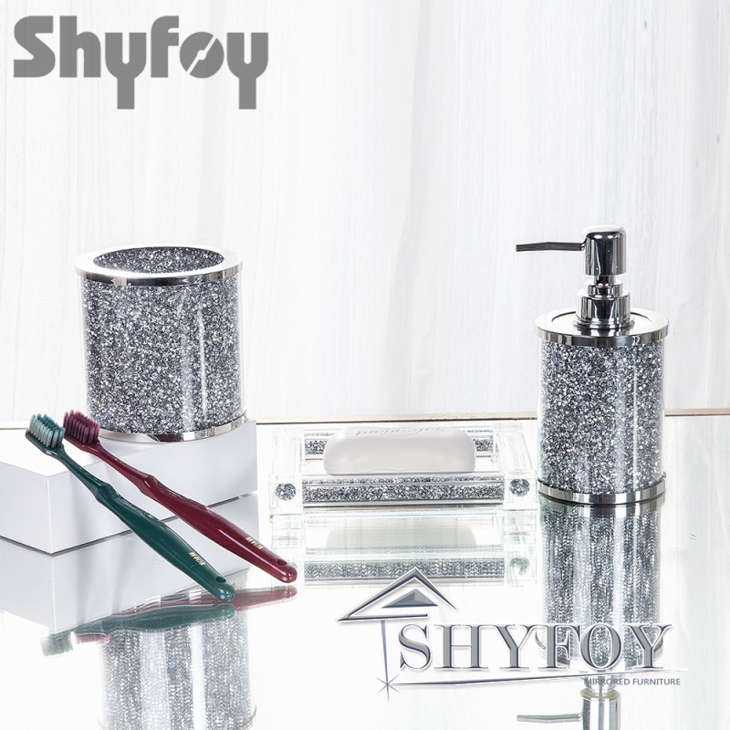 SHYFOY Silver Bathroom Set Accessory with Crushed Diamond, Modern Glass Bath Hardware Kit Sets, Sparkling Home Decoration / SF-MP024