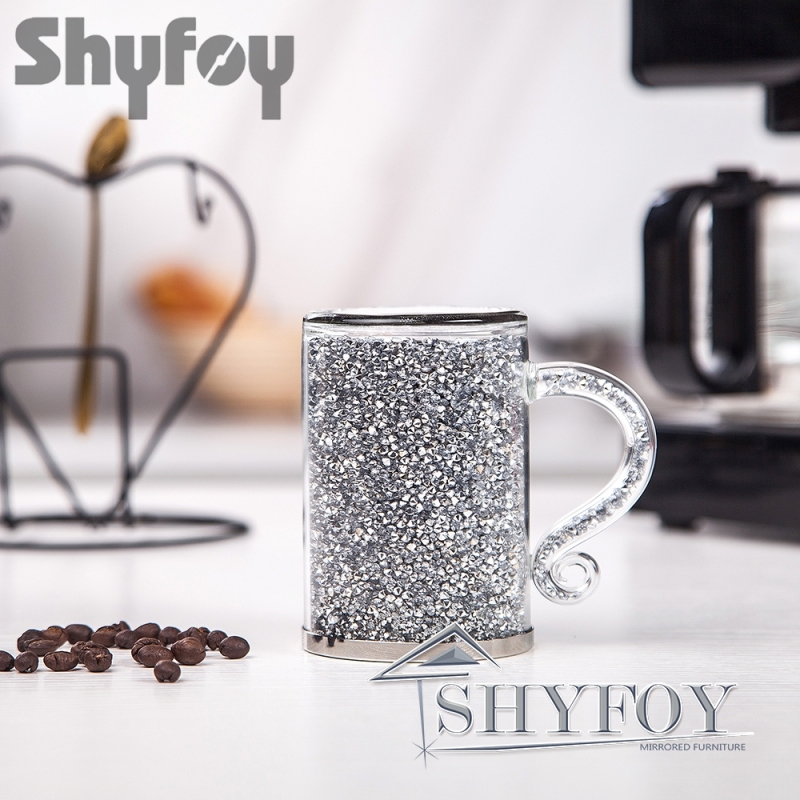 SHYFOY Glitter Double Walled Glasses with Handles | Personalised Reusable Glass Mugs with Crushed Diamond / SF-MP025