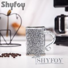 SHYFOY Glitter Double Walled Glasses with Handles | Personalised Reusable Glass Mugs with Crushed Diamond / SF-MP025