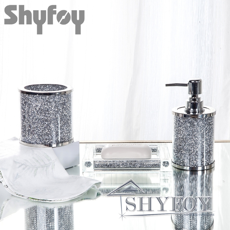 SHYFOY Silver Bathroom Set Accessory with Crushed Diamond, Modern Glass Bath Hardware Kit Sets, Sparkling Home Decoration / SF-MP024