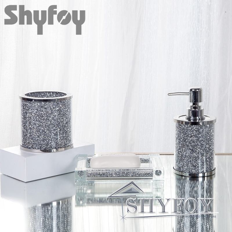 SHYFOY Silver Bathroom Set Accessory with Crushed Diamond, Modern Glass Bath Hardware Kit Sets, Sparkling Home Decoration / SF-MP024