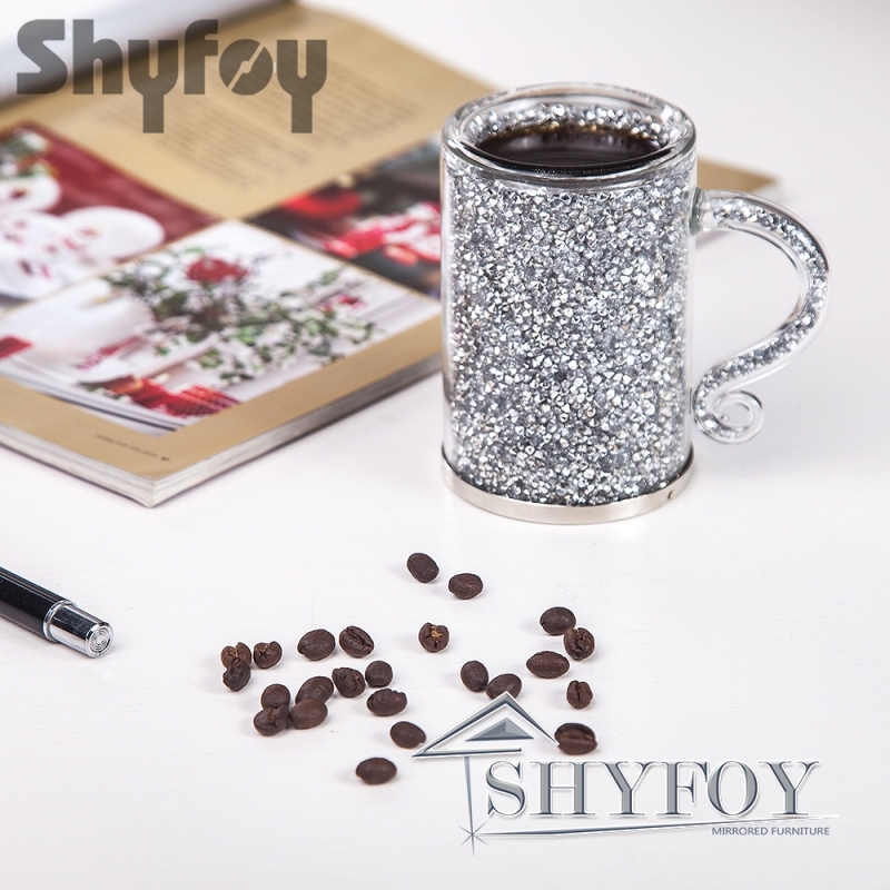 SHYFOY Glitter Double Walled Glasses with Handles | Personalised Reusable Glass Mugs with Crushed Diamond / SF-MP025