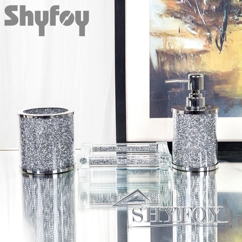 SHYFOY Silver Bathroom Set Accessory with Crushed Diamond, Modern Glass Bath Hardware Kit Sets, Sparkling Home Decoration / SF-MP024