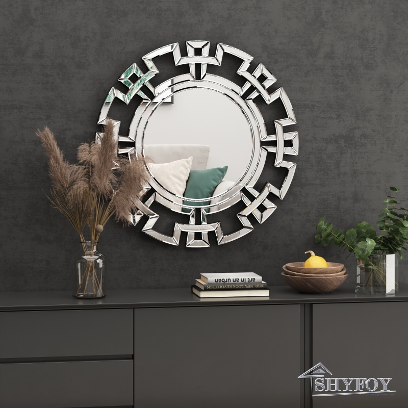 SHYFOY Large Geometric Accent Mirror, Modern Openwork Design, Round Mirror Silver Edge for Sitting room, Hallway / SF-WM031