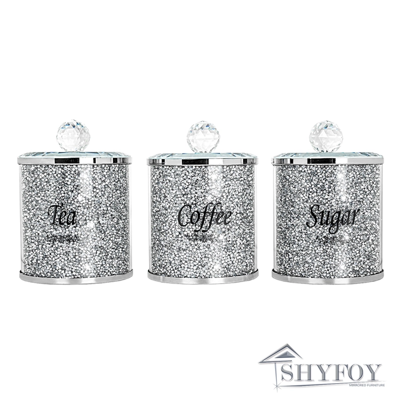 SHYFOY Sparkling Crushed Diamond Silver Glass Coffee Jars Set / SF-MP006