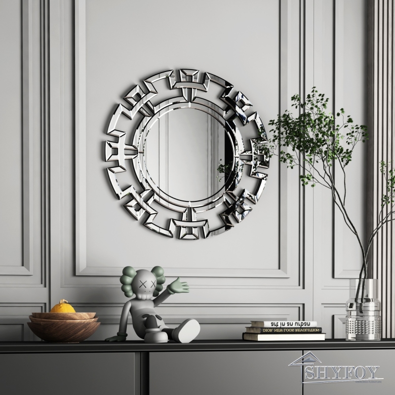 SHYFOY Large Geometric Accent Mirror, Modern Openwork Design, Round Mirror Silver Edge for Sitting room, Hallway / SF-WM031