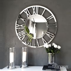 SHYFOY Large Silver Mirrored Wall Clock, Glass Surface Round Roman Numerals Clocks, Mirror Wall Art for Home Decorative 80cm / SF-MC019