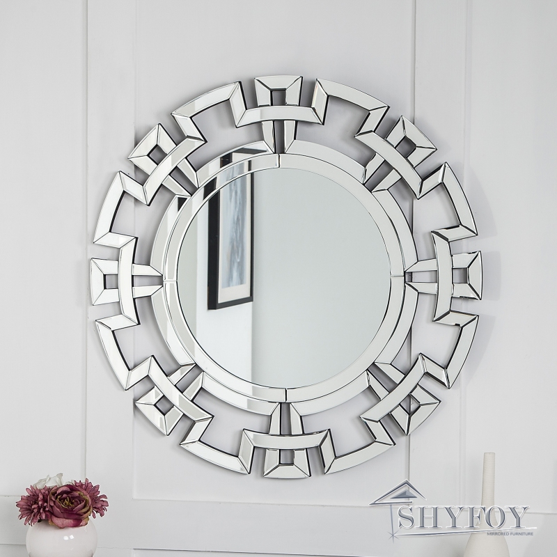 SHYFOY Large Geometric Accent Mirror, Modern Openwork Design, Round Mirror Silver Edge for Sitting room, Hallway / SF-WM031