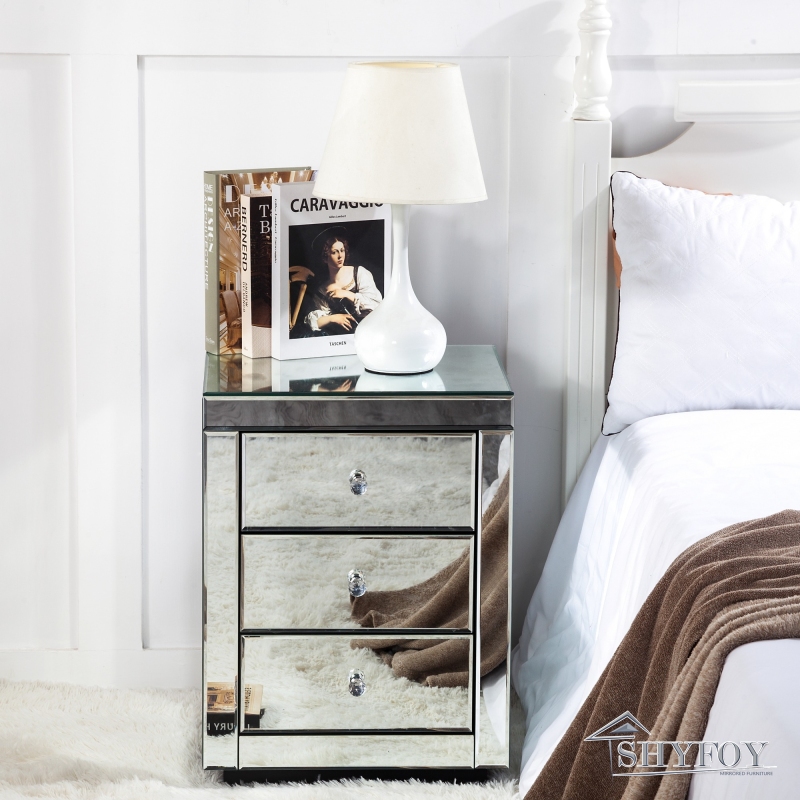 SHYFOY Mirrored Accent Silver Nightstand Bedside Table with 3 Drawers /  SF-BT028