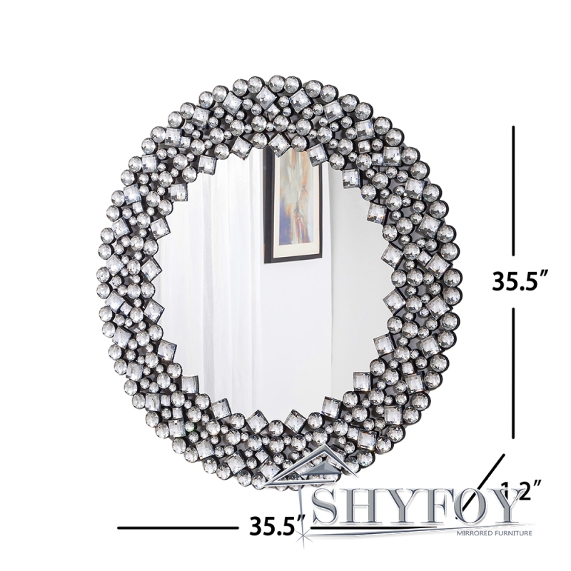 SHYFOY Round Gemstone Wall Mirror|Modern Silver Glass Decorative Mirror|36''  round hanging mirror for hallway/bedroom decoration / SF-WM001