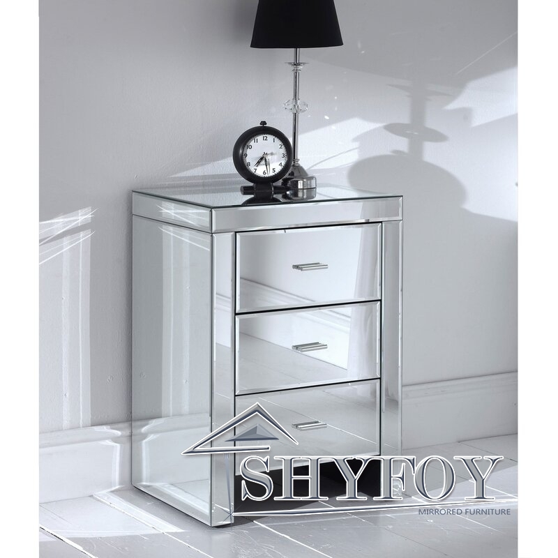 SHYFOY Mirrored Accent Silver Nightstand Bedside Table with 3-Drawers /  SF-BT040