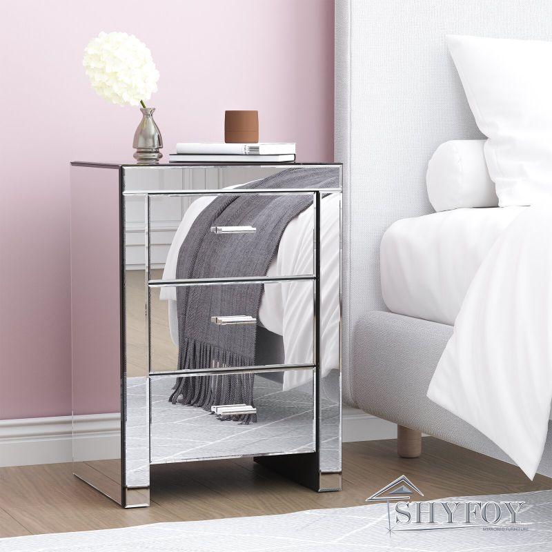 SHYFOY Mirrored Accent Silver Nightstand Bedside Table with 3-Drawers /  SF-BT040