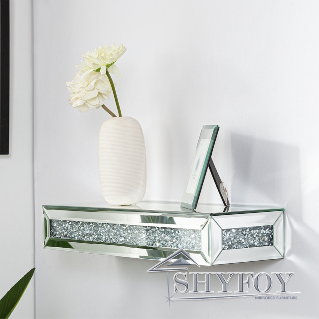 SHYFOY Mirrored Floating Shelves Wall Mounted Set of 2, Glitter Glass  Mirror Storage Wall Shelves for