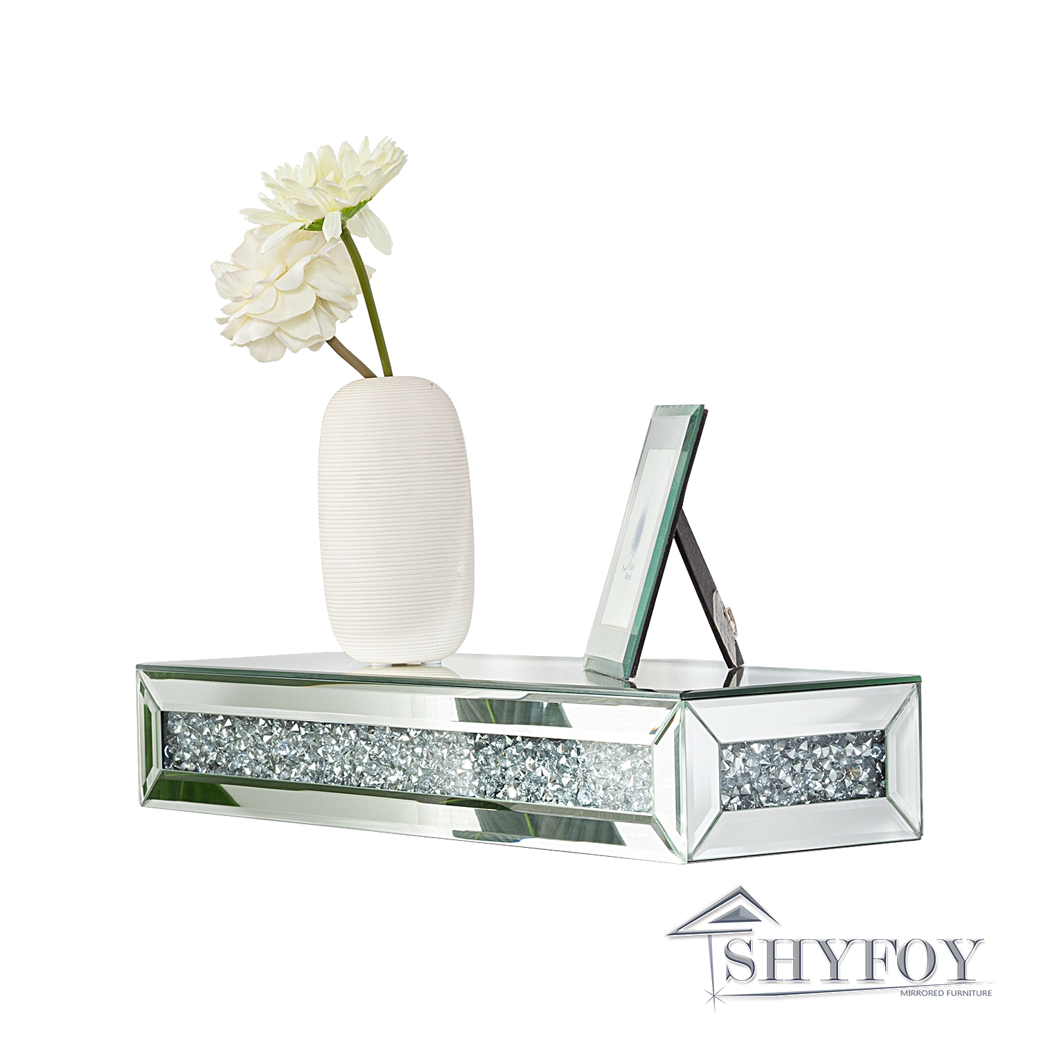 SHYFOY Mirrored Floating Shelves Wall Mounted Set of 2, Glitter Glass  Mirror Storage Wall Shelves for