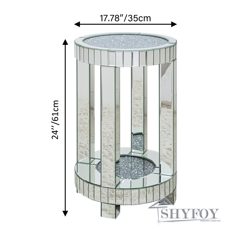 SHYFOY Mirrored End Table with Crystal Inlay, Round Modern Side Table Silver Accent Table  2-Tier Small Corner Table for Living Room / SF-ST064