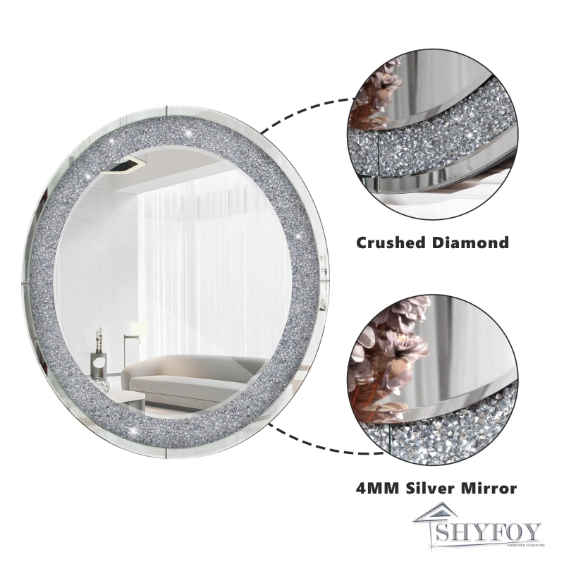 SHYFOY Round Mirror for Wall Decor Crushed Diamond Wall Mirror Decorative Large BigCrystal Wall Decor for Living Room 32IN Silver