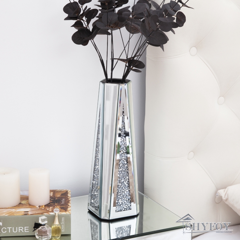 SHYFOY Flower Vase Crushed Diamond Mirrored Vases for Home Decor, Crystal Silver Glass Decorative Mirror Vase, Stunning Luxury Taper Tall Vases for Fl