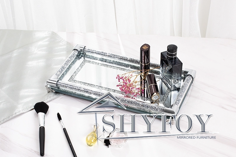 SHYFOY 12.5in Mirror Glass Perfume Tray Silver Ornate Vanity Tray Rectangle Makeup Tray Dresser Diamond Tray Jewelry Trinket Organizer Tray for Bathro