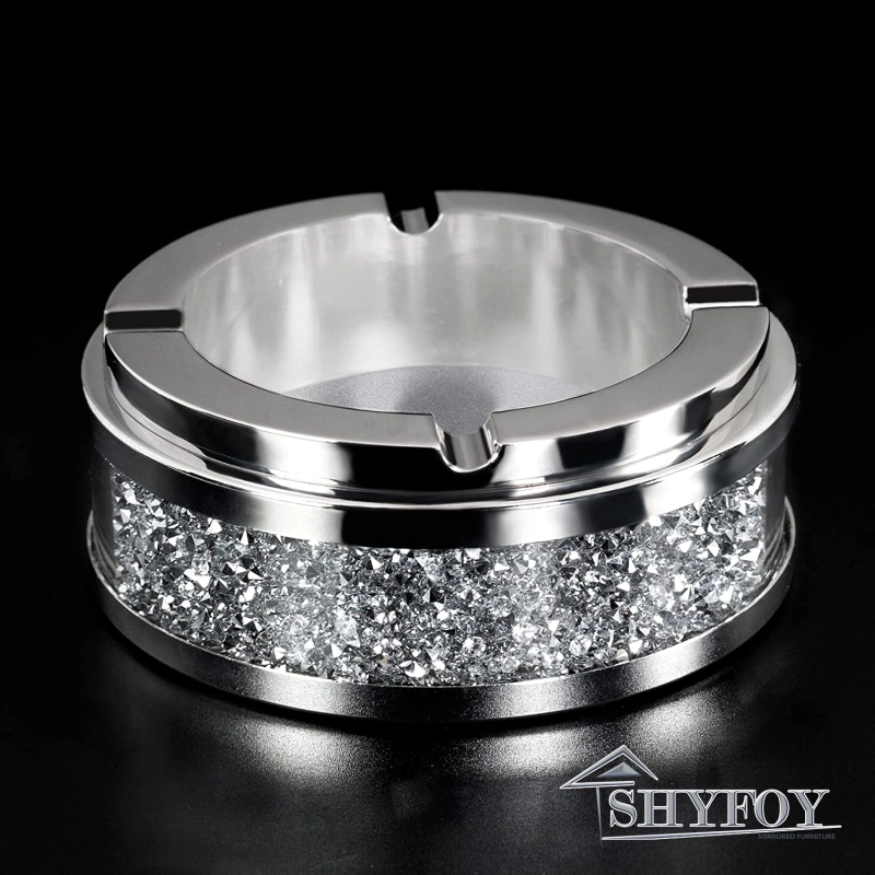 SHYFOY Ashtray for Cigarettes, Cool Glass Ashtray, Cute Home Ashtrays for Weed Crushed Diamond Home Decor, Round Crystal Ash Holder for Smokers, Metel