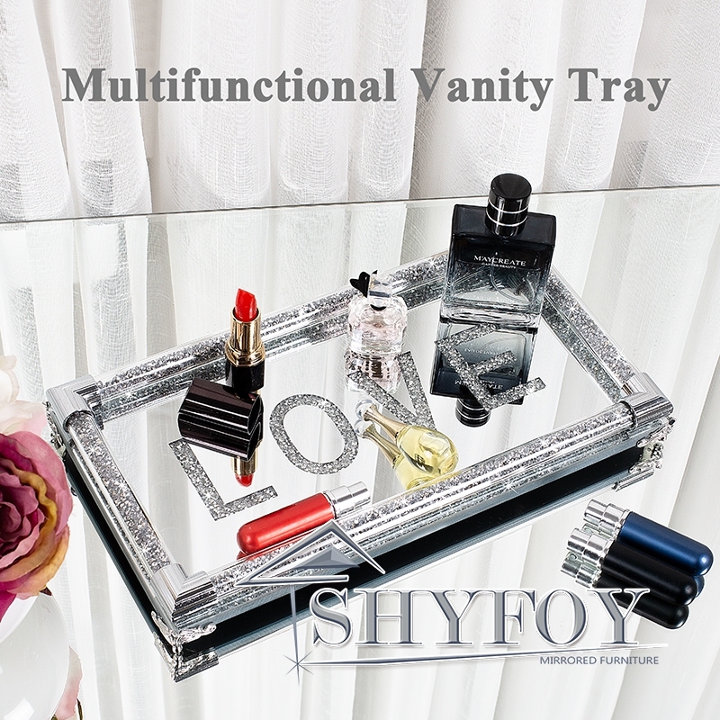 SHYFOY 12.5in Mirror Glass Perfume Tray Silver Ornate Vanity Tray Rectangle Makeup Tray Dresser Diamond Tray Jewelry Trinket Organizer Tray for Bathro