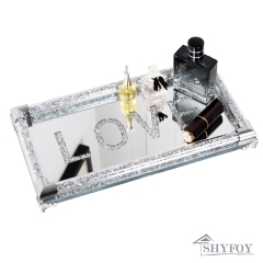 SHYFOY 12.5in Mirror Glass Perfume Tray Silver Ornate Vanity Tray Rectangle Makeup Tray Dresser Diamond Tray Jewelry Trinket Organizer Tray for Bathro