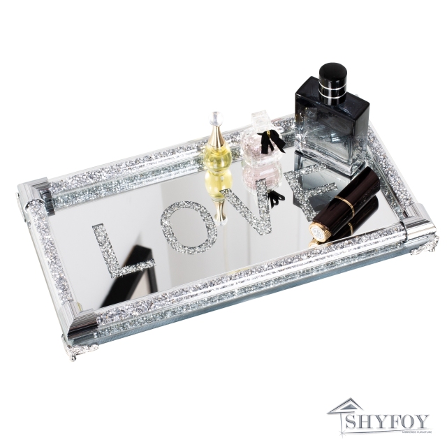 SHYFOY 12.5in Mirror Glass Perfume Tray Silver Ornate Vanity Tray