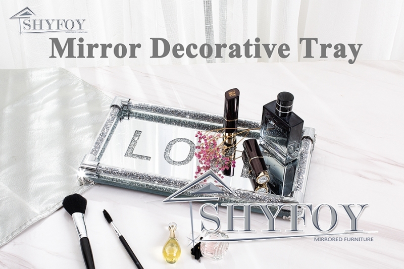 Pretty Rectangular Vanity MIRROR Tray Or Bar Tray rhinestone accents Silver  Room