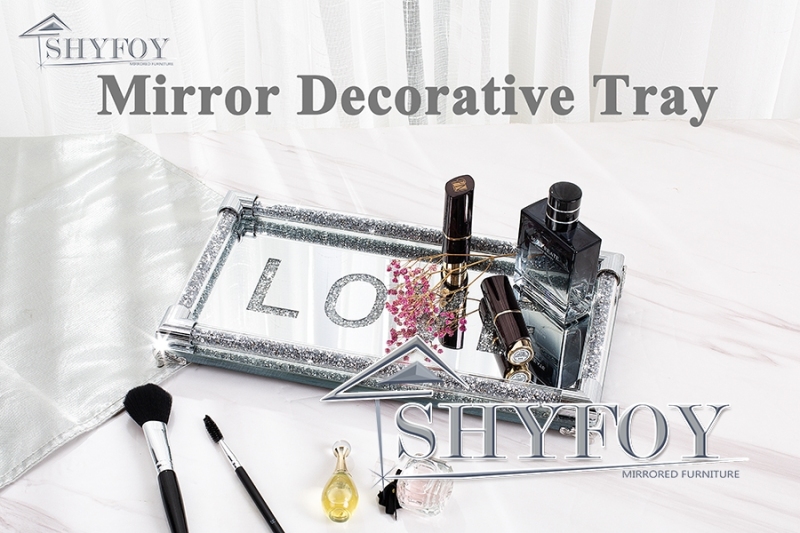 SHYFOY 12.5in Mirror Glass Perfume Tray Silver Ornate Vanity Tray Rectangle Makeup Tray Dresser Diamond Tray Jewelry Trinket Organizer Tray for Bathro