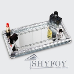 SHYFOY 12.5in Mirror Glass Perfume Tray Silver Ornate Vanity Tray Rectangle Makeup Tray Dresser Diamond Tray