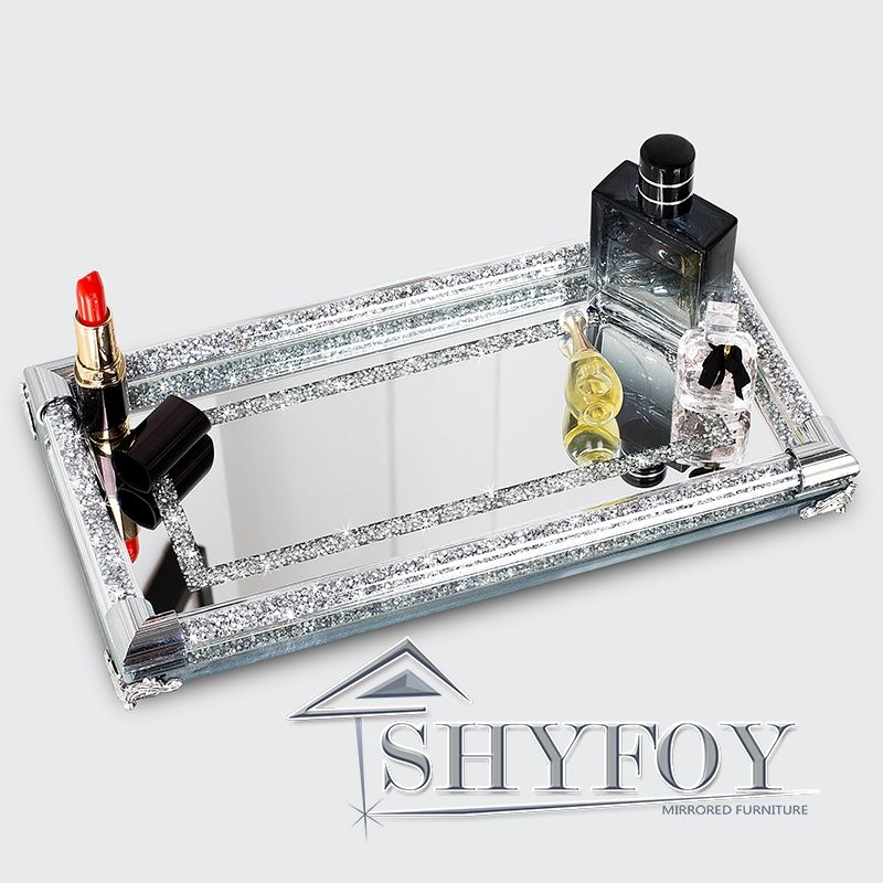SHYFOY 12.5in Mirror Glass Perfume Tray Silver Ornate Vanity Tray Rectangle Makeup Tray Dresser Diamond Tray Jewelry Trinket Organizer Tray for Bathro