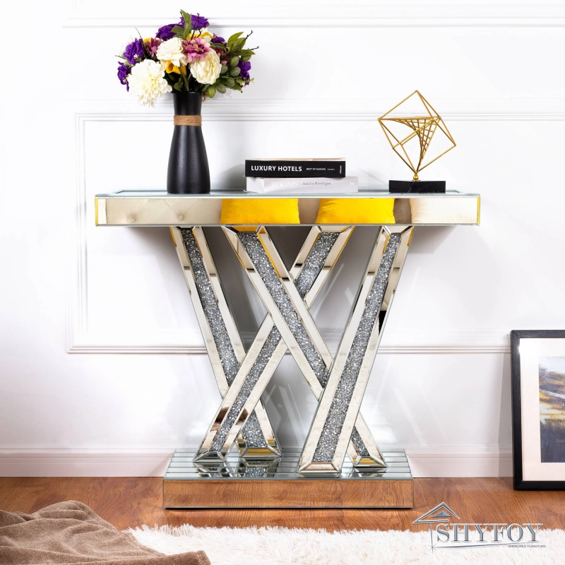 Modern Console Table Mirrored Finished, Glam Style W Silver Entryway Table Inlay with Sparkly Crushed Crystals, 35 inches Contemporary Accent Table fo