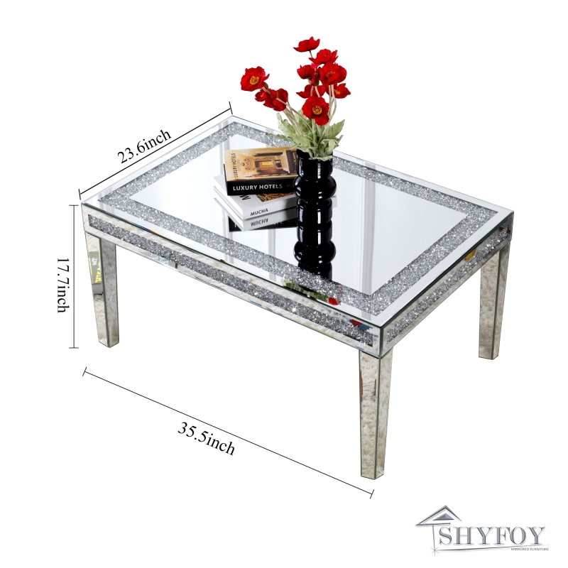 SHYFOY Coffee Table Mirrored with Crystals Inlay, Modern Contemporary Accent Side or Coffee Table for Living Room with Mirrored Finished