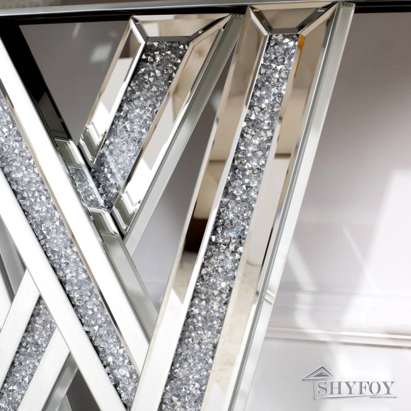 Modern Console Table Mirrored Finished, Glam Style W Silver Entryway Table Inlay with Sparkly Crushed Crystals, 35 inches Contemporary Accent Table fo